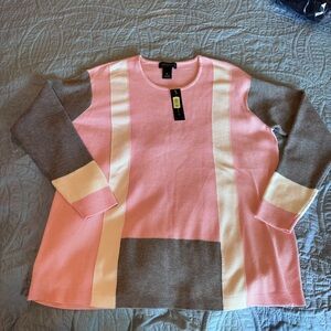 Investments Pink/White/Fray Color Block Sweater
